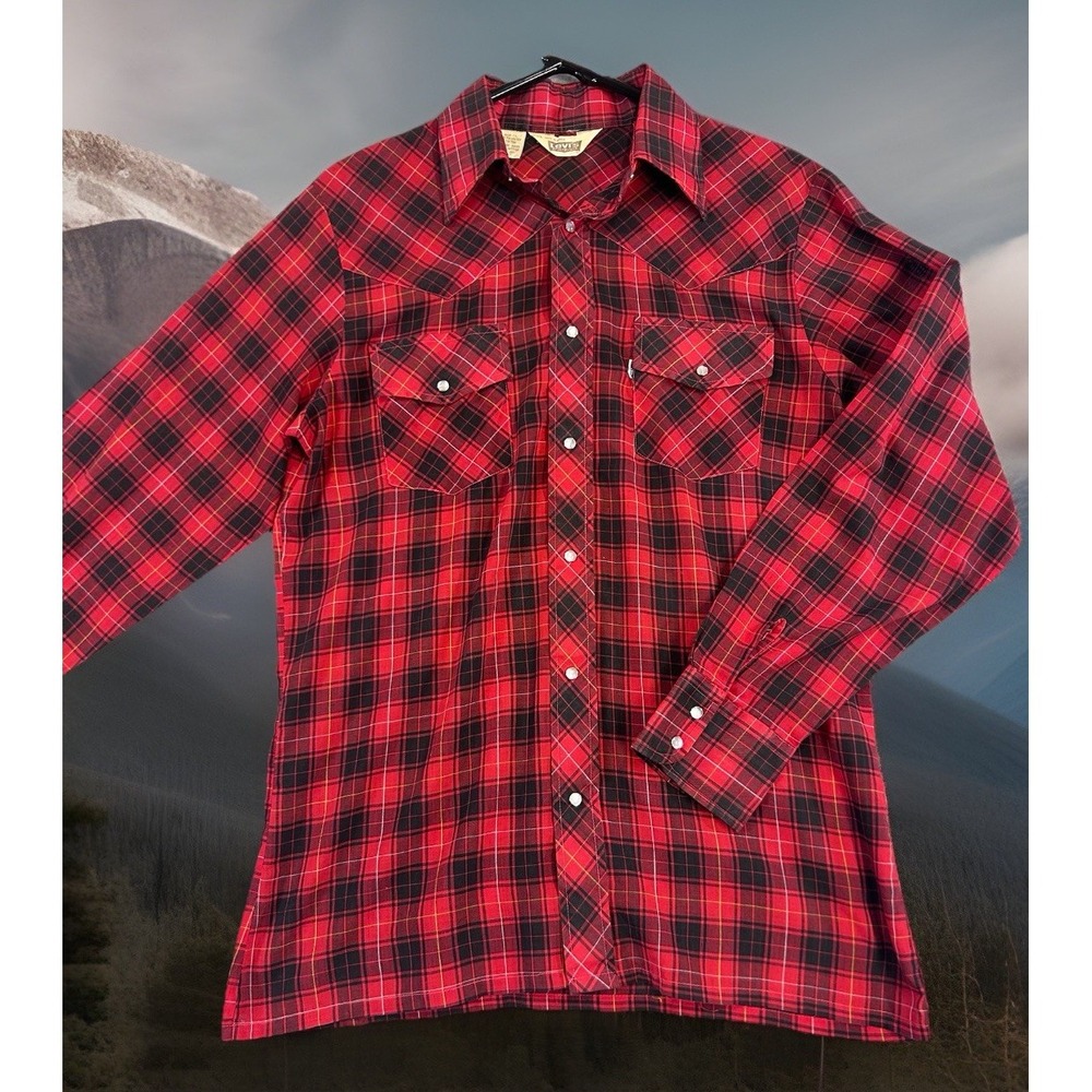 Levi's Sportswear Plaid Western Shirt Vintage 70s  L Red Black ©1978 Korea